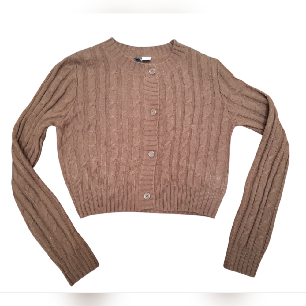 H&M Divided Brown Long Sleeve Cropped Cable Knit Cardigan Sweater EUC Size XS